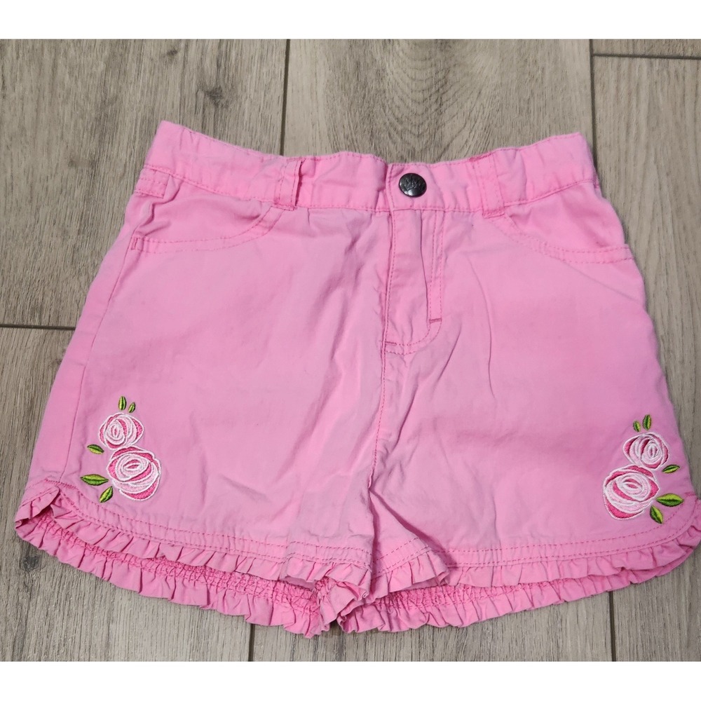 Disney Princess Girls Pink Embroidered Rose Ruffle Shorts 5T Adjustable Waist
